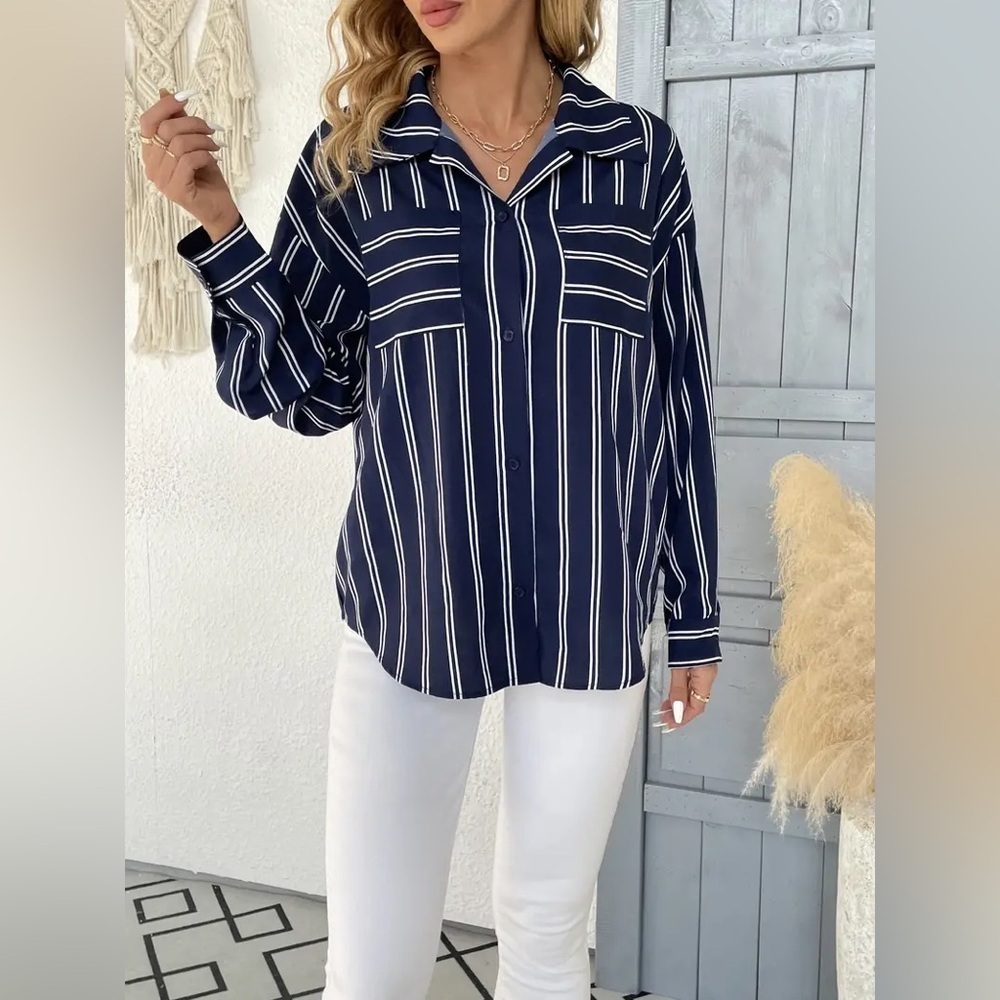 Express Top Small Petite Navy Blue White Stripes Long Sleeve Professional Shirt